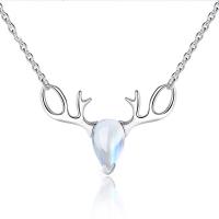 Cubic Zirconia Sterling Silver Necklace, 925 Sterling Silver, Antlers, platinum plated, oval chain & for woman & with cubic zirconia Approx 17.7 Inch 
