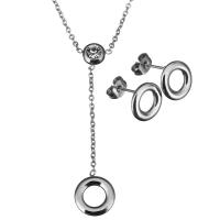 Joyería de acero inoxidable de diamantes de imitación, pendiente & collar, con 2Inch extender cadena, Donut, cadena oval & para mujer & con diamantes de imitación, color original, 11x13mm, 1.5mm, 11x11mm, longitud:aproximado 18 Inch, Vendido por Set