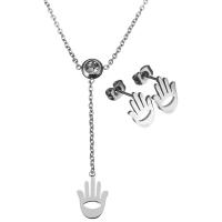 Rhinestone stainless steel Jewelry Set, earring & necklace, with 2Inch extender chain, Hamsa, oval chain & for woman & with rhinestone, original color 2mm Approx 18 Inch 