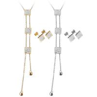 Stainless Steel Jewelry Set, earring & necklace, with Rhinestone Clay Pave, with 2Inch extender chain,  Square, plated, oval chain & for woman 2mm Approx 20 Inch 