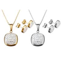 Stainless Steel Jewelry Set, earring & necklace, with Rhinestone Clay Pave, with 2Inch extender chain, Square, plated, oval chain & for woman 1.5mm Approx 18 Inch 