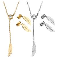 Rhinestone stainless steel Jewelry Set, earring & necklace, with 2Inch extender chain, Feather, plated, oval chain & for woman & with rhinestone 1.5mm Approx 16 Inch 