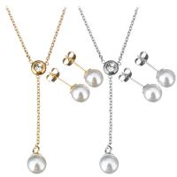 Stainless Steel Jewelry Set, earring & necklace, with Glass Pearl, with 2Inch extender chain, plated, oval chain & for woman & with rhinestone 1.5mm Approx 17 Inch 