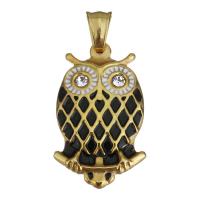 Stainless Steel Animal Pendants, Owl, gold color plated, enamel & with rhinestone Approx 