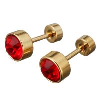 Stainless Steel Ear Piercing Jewelry, Flat Round, gold color plated, for woman & with rhinestone, mixed colors 