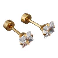 Stainless Steel Ear Piercing Jewelry, with Crystal,  Square, gold color plated, for woman & faceted 