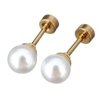 Stainless Steel Piercing Earring, with Glass Pearl, gold color plated, for woman 