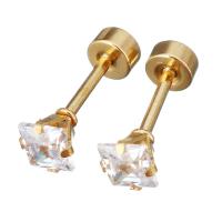 Stainless Steel Piercing Earring, with Crystal,  Square, gold color plated, for woman & faceted 