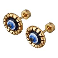 Stainless Steel Piercing Earring, with Resin, Flower, gold color plated, evil eye pattern & for woman 