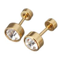 Stainless Steel Ear Piercing Jewelry, Flat Round, gold color plated, for woman & with rhinestone 