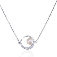925 Sterling Silver Necklace, with Plastic Pearl, silver color plated, oval chain & for woman & with rhinestone 
