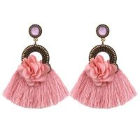 Zinc Alloy Tassel Earring, with Cotton Thread & Cloth, Flower, antique gold color plated, hypo allergic & for woman & with rhinestone 