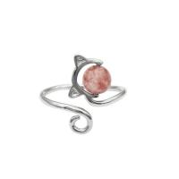 925 Sterling Silver Cuff Finger Ring, with Strawberry Quartz, silver color plated, for woman, US Ring 