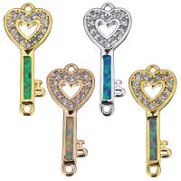 Messing Schmuckverbinder, mit Opal, Schlüssel, plattiert, Micro pave Zirkonia & 1/1-Schleife, keine, 8x20x2mm, Bohrung:ca. 1mm, verkauft von PC