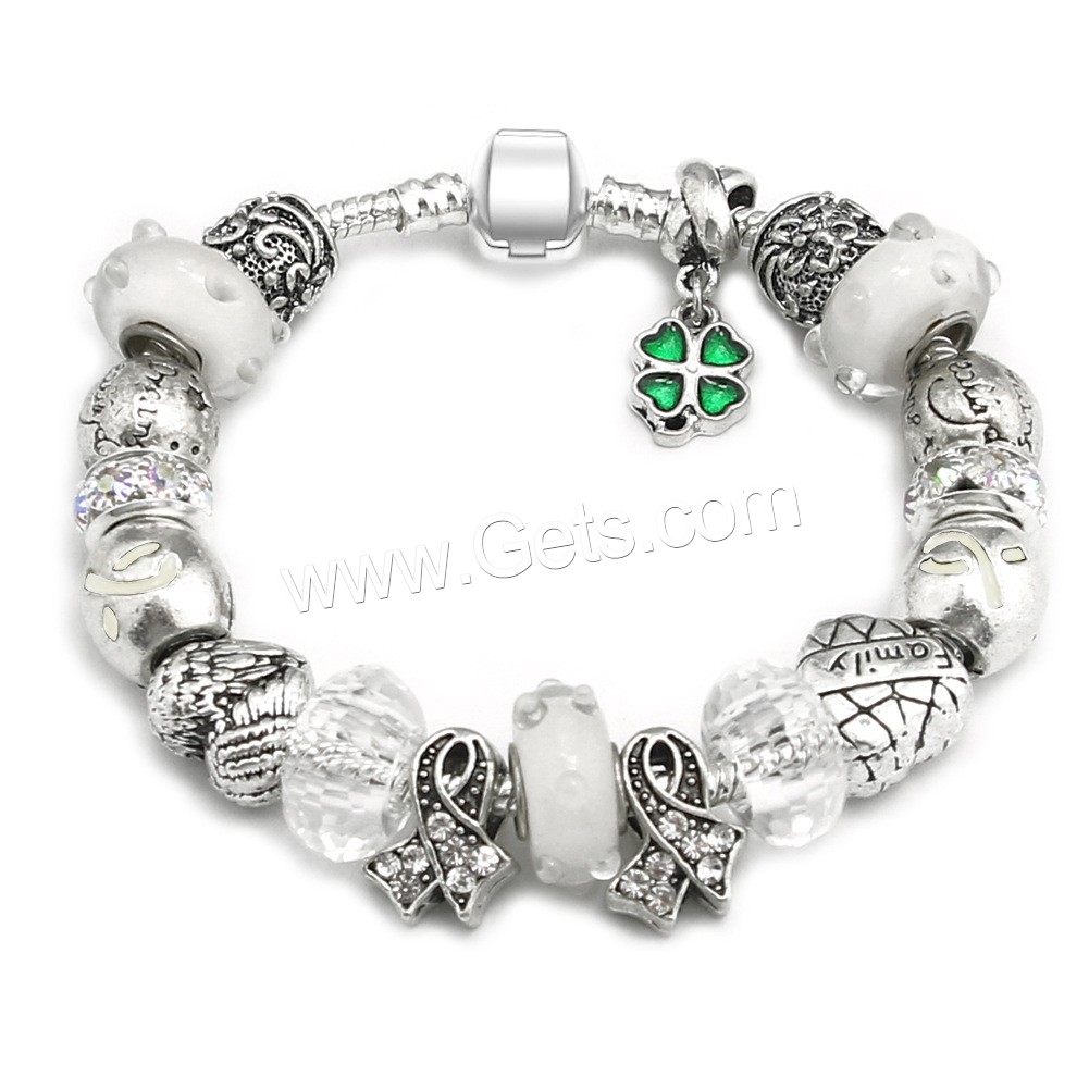 Zinc Alloy European Bracelet, with Crystal & Lampwork, antique silver color plated, different length for choice & snake chain & for woman, more colors for choice, Length:Approx 6.7-8.6 Inch, Sold By Strand