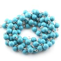 Iron Beaded Chain, with Synthetic Turquoise, Round, silver color plated, for woman, 8mm 