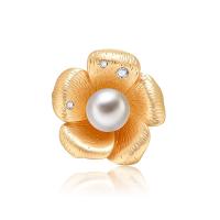 Zinc Alloy Brooch, with ABS Plastic Pearl, Flower, gold color plated, with rhinestone 