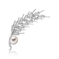 Zinc Alloy Brooch, with ABS Plastic Pearl, Wheat, silver color plated, micro pave cubic zirconia 