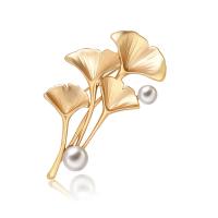 Zinc Alloy Brooch, with ABS Plastic Pearl, Ginkgo Leaf, gold color plated 