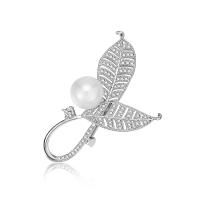 Zinc Alloy Brooch, with ABS Plastic Pearl, Leaf, silver color plated, with rhinestone, lead & cadmium free 