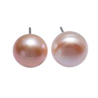 Brass Stud Earring, with Freshwater Pearl, Flat Round, platinum plated, pink, 10-10.5mm 