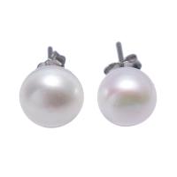 Freshwater Pearl Stud Earring, with paper box, brass post pin, Potato, platinum plated, for woman, white, 8-9mm 