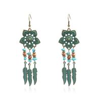 Zinc Alloy Tassel Earring, with Seedbead & Synthetic Turquoise, Leaf, plated copper green, for woman 