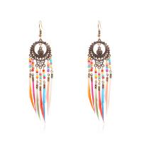 Zinc Alloy Tassel Earring, with Seedbead & Feather, antique gold color plated, for woman 