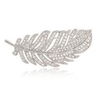 Brass Brooch, with Cubic Zirconia, Feather, platinum plated, Unisex 