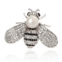 Brass Brooch, with ABS Plastic Pearl & Cubic Zirconia, Bee, plated, Unisex 