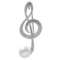 Brass Brooch, with ABS Plastic Pearl & Cubic Zirconia, Music Note, platinum plated, Unisex 