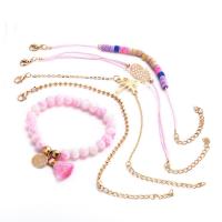 Zinc Alloy Bracelet Set, with Nylon Cord & Wood & Acrylic, plated, oval chain & ball chain & for woman, pink Approx 7.2 Inch 