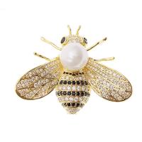 Brass Brooch, with ABS Plastic Pearl, Bee, plated, micro pave cubic zirconia & for woman 