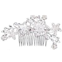 Bridal Decorative Hair Comb, Brass, with ABS Plastic, Flower, platinum color plated, for woman & with rhinestone 