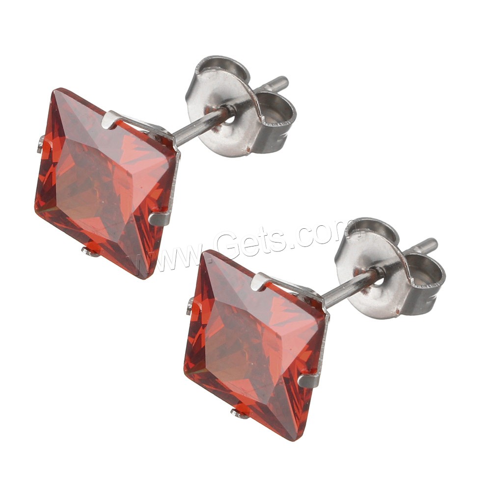 Stainless Steel Cubic Zirconia Stud Earring, Square, different size for choice & for woman & with cubic zirconia, mixed colors, 10Pairs/Lot, Sold By Lot