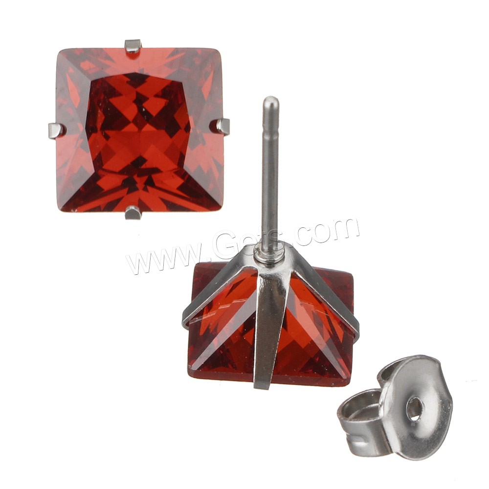 Stainless Steel Cubic Zirconia Stud Earring, Square, different size for choice & for woman & with cubic zirconia, mixed colors, 10Pairs/Lot, Sold By Lot