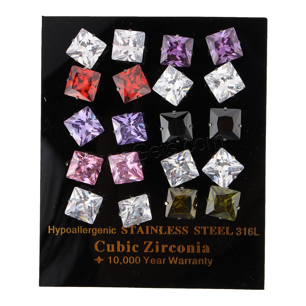 Boucle en acier inoxydable zircons cubiques, cadre, normes différentes pour le choix & pour femme & avec zircone cubique, couleurs mélangées, 10pairescouple/lot, Vendu par lot