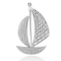 Brass Brooch, with Cubic Zirconia, Ship, platinum plated, Unisex 