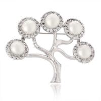 Brass Brooch, with ABS Plastic Pearl & Cubic Zirconia, Tree, platinum plated, Unisex 