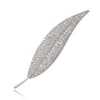 Brass Brooch, with Cubic Zirconia, Leaf, platinum plated, Unisex 