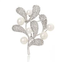 Brass Brooch, with ABS Plastic Pearl & Cubic Zirconia, Branch, platinum plated, Unisex 