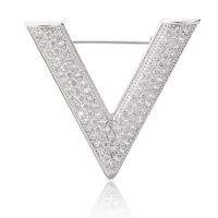 Brass Brooch, with Cubic Zirconia, Letter V, platinum plated, Unisex 