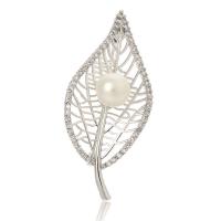 Brass Brooch, with ABS Plastic Pearl & Cubic Zirconia, Leaf, platinum plated, Unisex 