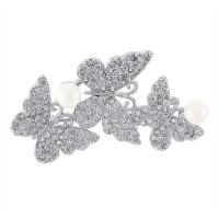 Brass Brooch, with ABS Plastic Pearl & Cubic Zirconia, Butterfly, platinum plated 