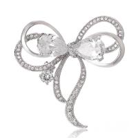 Brass Brooch, with Cubic Zirconia, Bowknot, platinum plated 