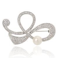 Brass Brooch, with ABS Plastic Pearl & Cubic Zirconia, platinum plated 