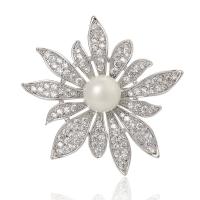 Brass Brooch, with ABS Plastic Pearl & Cubic Zirconia, Flower, platinum plated 