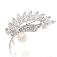 Brass Brooch, with ABS Plastic Pearl & Cubic Zirconia, Leaf, platinum plated 