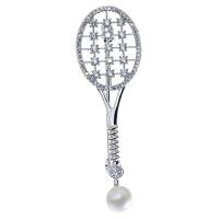 Brass Brooch, with ABS Plastic Pearl & Cubic Zirconia, Tennis Racket, platinum plated 