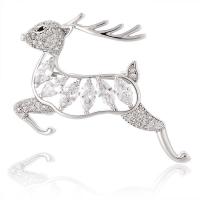 Brass Brooch, with Cubic Zirconia, Deer, platinum plated 